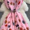 Summer Women Elegant Turn-down Collar Designer Print Long Midi Runway Party Shirt Dresses With Belt