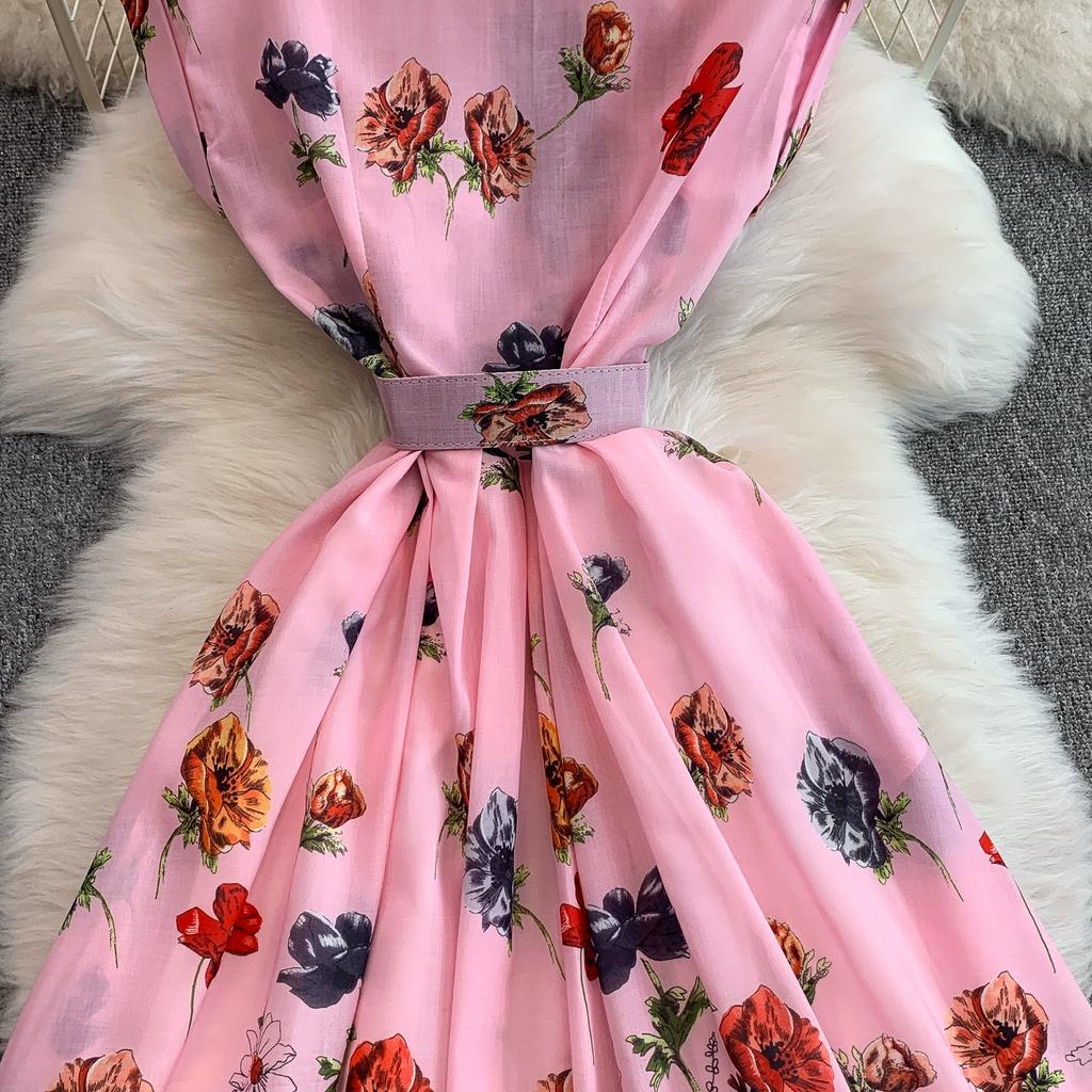 Summer Women Elegant Turn-down Collar Designer Print Long Midi Runway Party Shirt Dresses With Belt