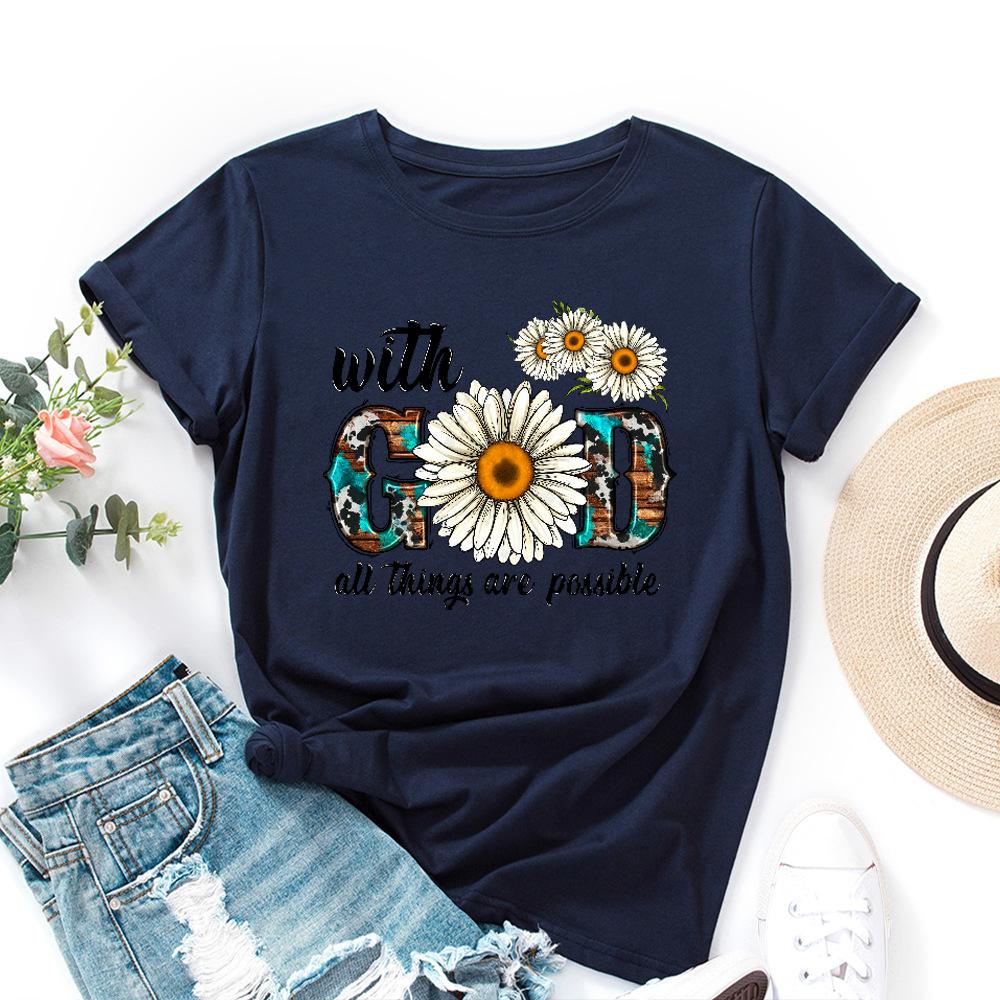 Cotton T-Shirt Short Sleeve Round Neck Women 2d Print Tops