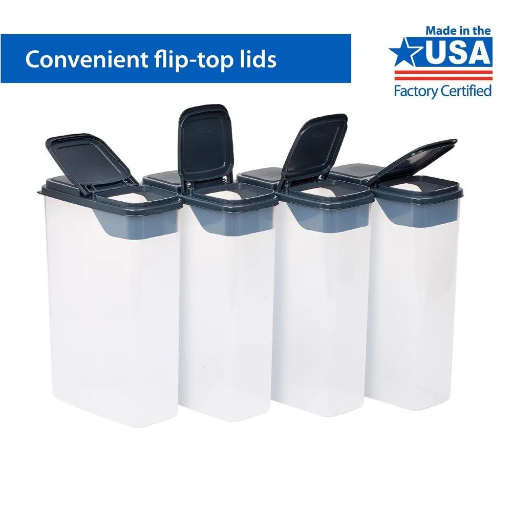 Multi Use Plastic Dispensers Set of 4 Clear Storage Containers Dark Gray Lids Stackable Kitchen Organizer Versatile 7.75x4x11.4