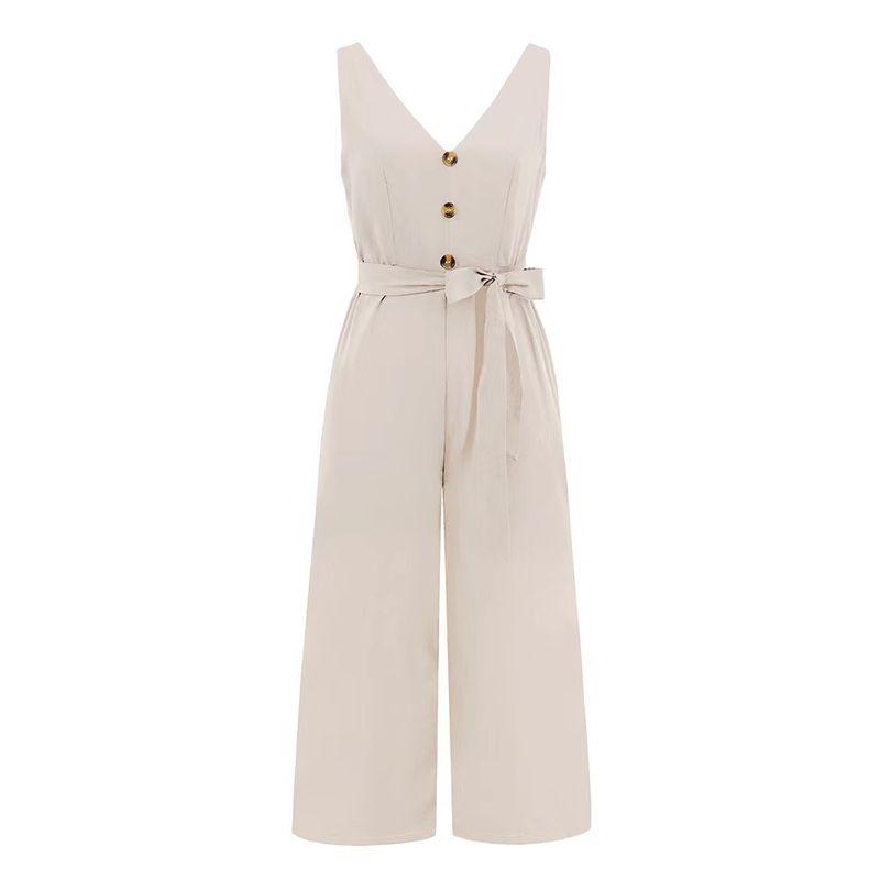 

Fashion New Fashion Sexy Silm Sleeveless Button V Neck Jumpsuit V-neck Lace-up Jumpsuit Apricot XL