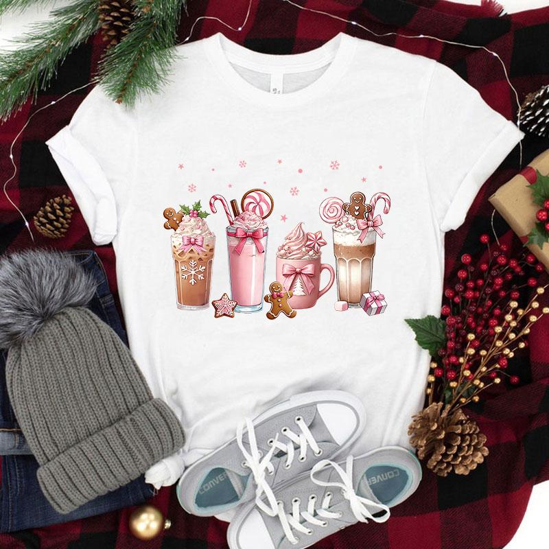 Funny Christmas Coffee Print Women Loose Short Sleeve Round Neck Top Female Casual