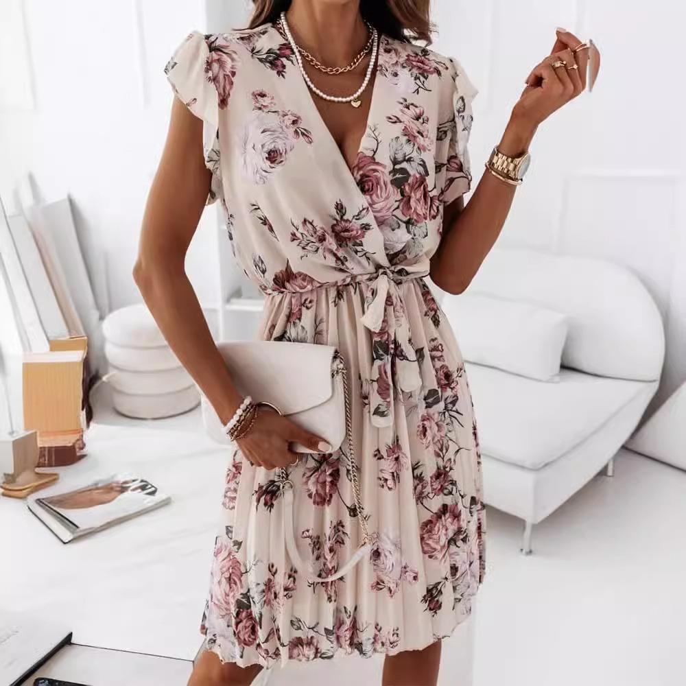 Summer Women's Ruffle Short Sleeve V-Neck Digital Printed Dresses