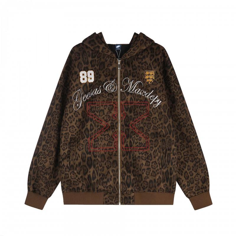American Retro Leopard Print Gothic Embroidered Zip Up Hoodie Loose Fit Men Women