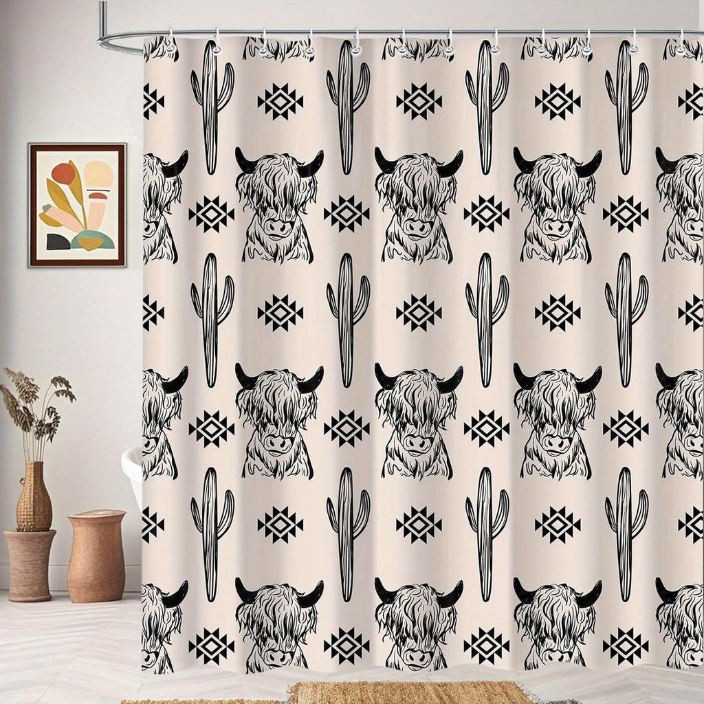Western Boho Shower Curtain - Highland Cow & Cactus Design, Durable Polyester with 12 Hooks for All-Season Use