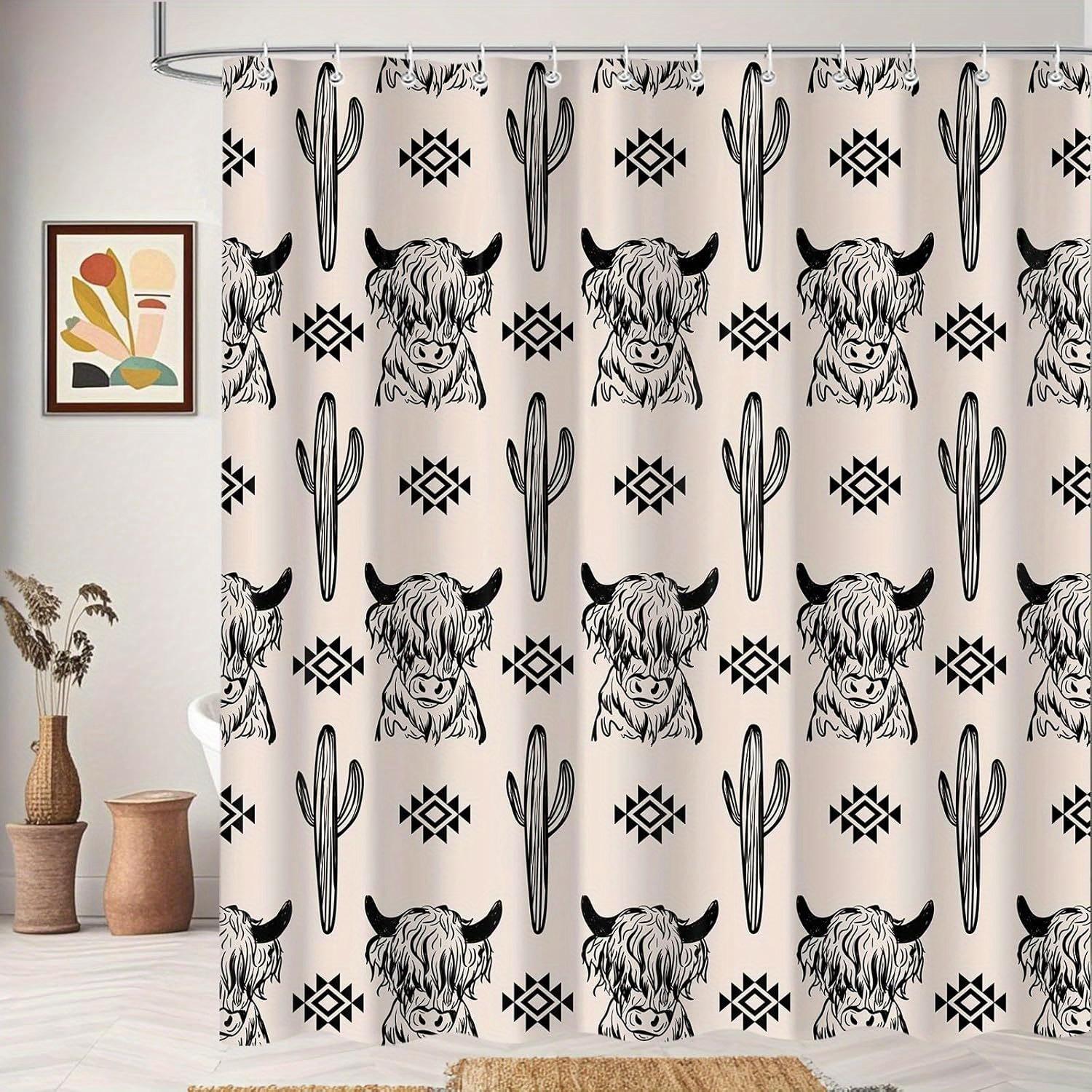 

Western Boho Shower Curtain - Highland Cow & Cactus Design, Durable Polyester With 12 Hooks For All-Season Use W60H190(CM)-1 Pcs