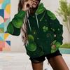 Women Plus Size Long Sleeve Dark Green Clover Printed Drawstring Hoodie Kangaroo Pocket Pullover