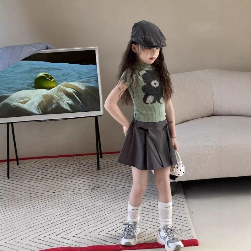 Girls Digital Print Mock Neck Short Sleeve T Shirt Stretchy Fitted Crop Top 90