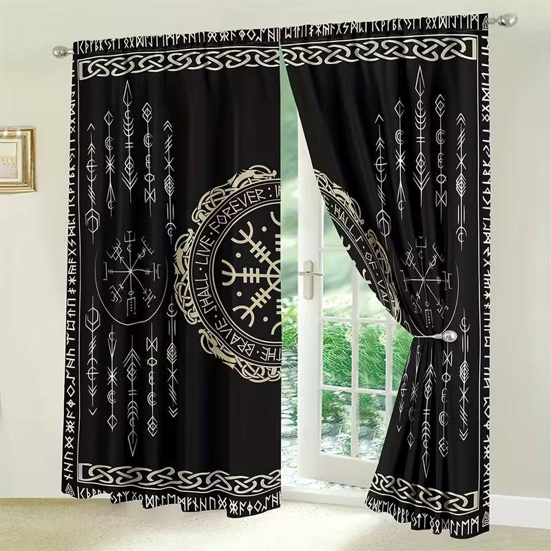Vikama Norse Rune Viking Symbol Curtain Black Gold Celtic Knot Pattern Window Decor Panels Light Blocking Made Of Polyester