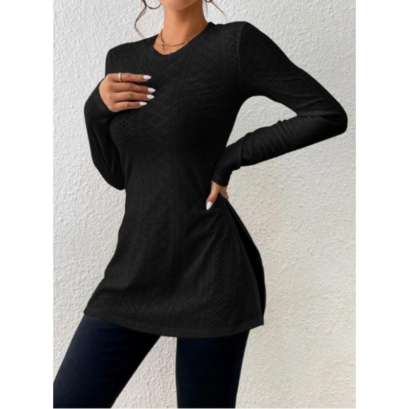 

Casual Jacquard Lace Split Women Long Blouse Spring Long Sleeved Slim Fit Shirts Solid O Neck Elegant Fashion Casual Office Tops Simple Hollow Out XXL чорний