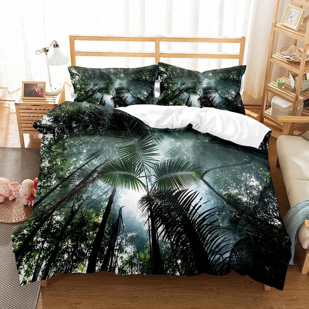 Zielony motyw dżungli King Queen Full Poszwa na kołdrę Drzewa leśne Zestaw pościeli Naturalny krajobraz Poszwa na kołdrę Poliestrowa poszwa na kołdrę