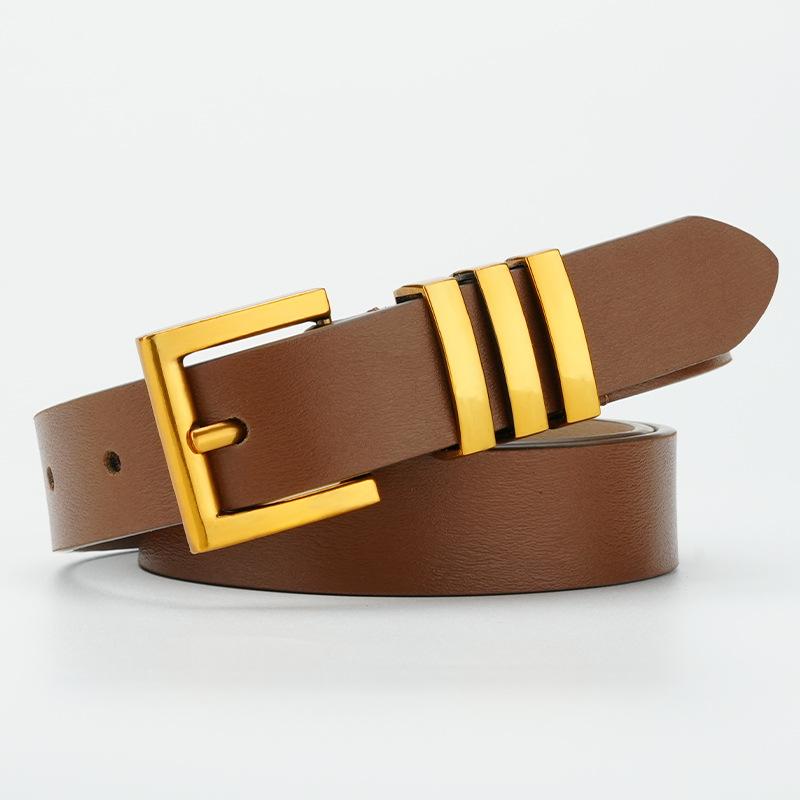 Women's 2.4cm Alloy Solid Electroplated Pin Buckle Black Brown Slim Retro Cowhide Belt