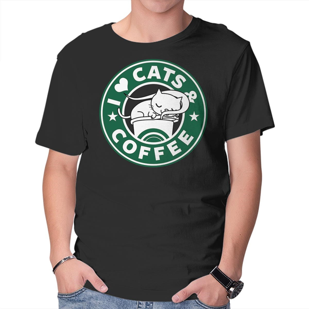 Unisex Crew Neck T-Shirt I Love Cats and Coffee Graphic Short Sleeve Casual Tee S