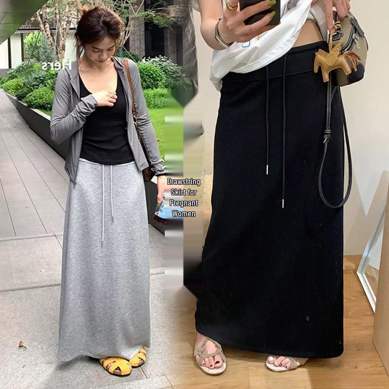 

Maternity High-Waisted Drawstring Midi Skirt - Slimming, Hip-Hugging, with Slit, Korean-Inspired, Spring/Summer Style M серый