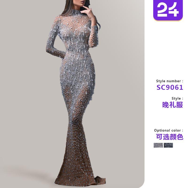 Spring New Women's Clothing Bronzing Long-sleeved Slim-fitting Sexy Long Dress Evening Dress Dress