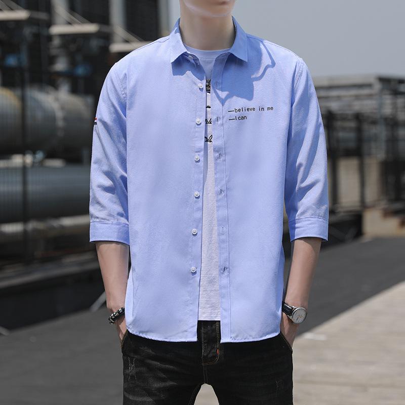 Camicia a Maniche a Tre Quarti da Uomo Camicia a Maniche Medie Camicia Estiva Fresca Tinta Unita Casual