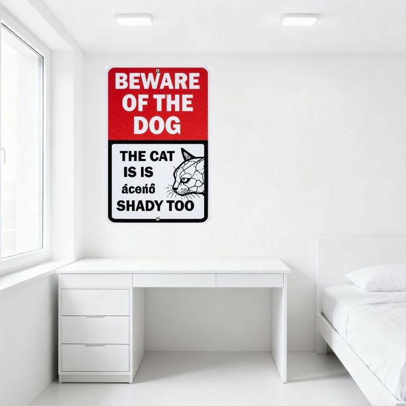 Beware of the Dog & Cracked Cat Shady Warning Funny Prank Metal Tin Sign for Home Garden Bar Wall Decor