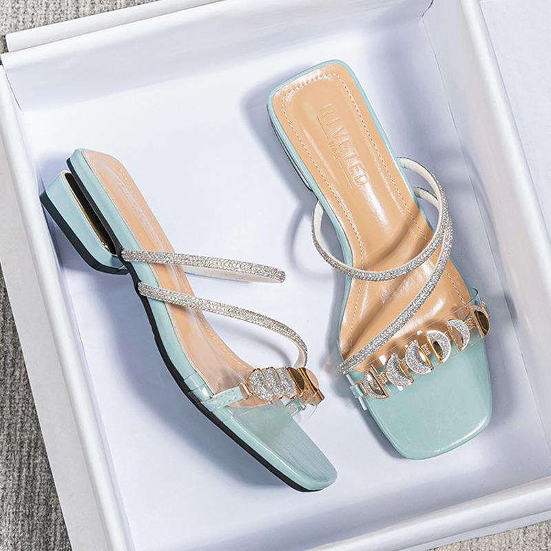 

Fashion rhinestone metal buckle slippers women narrow band crystal flip flops low heel slides ladies glitter sandalias mujer big size 43 35 синий