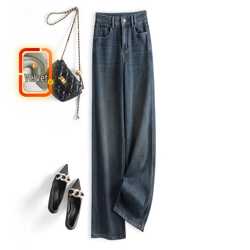 

Sishe Women s Washed High-Waist Wide-Leg Fleece Jeans M