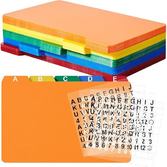 Lewtemi 100 Pcs Index Card Dividers Set Alphabet Sticker Plastic Index Card Dividers Self Adhesive Number Stickers with Tabs for Office Business 3 x 5 Inch