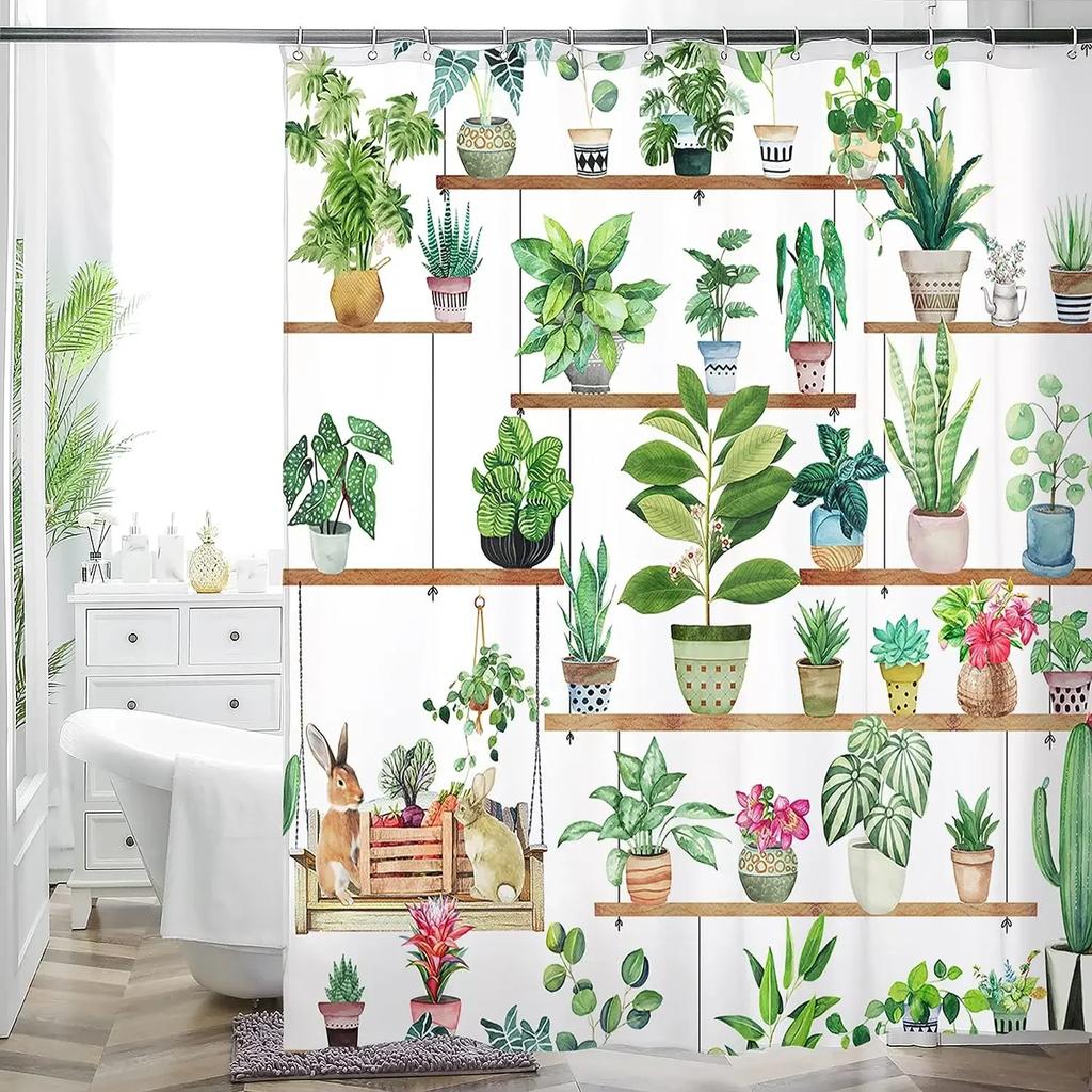 Green Plant Leaves Print Shower Curtains Watercolor Boho Floral Waterproof Morden Bathroom Bathtub Curtain Room Decor With Hooks