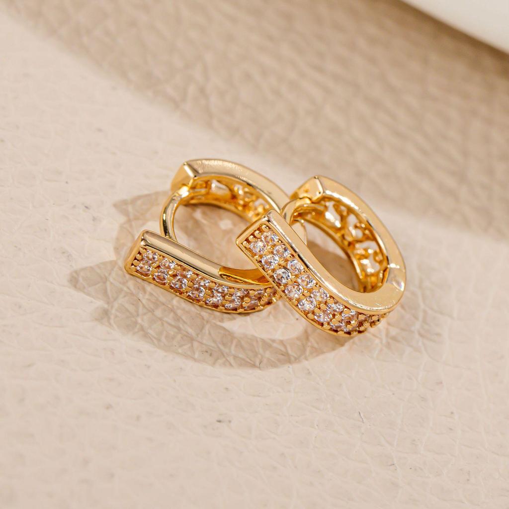 Creative Geometric Double Row Rhinestone Earrings - Small Alloy Ear Hoops & Studs