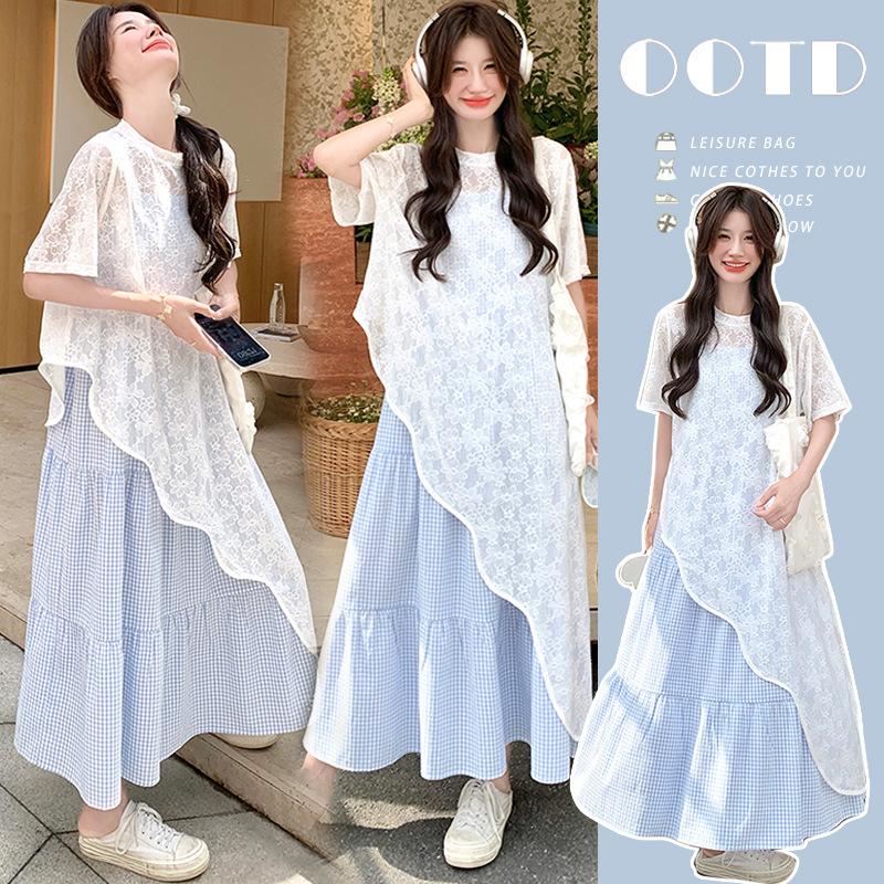 

Plus Size Maternity Plaid Two-Piece Dress Set - Loose Short Sleeve Cover-up for Summer L