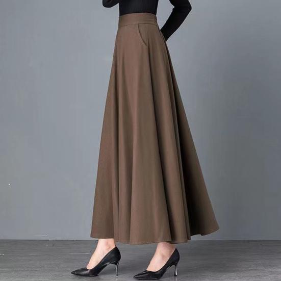 Maxi Skirt High Waist A-Line Long Skirt with Pockets Breathable Slimming Large Hem Design Office Lady Skirt