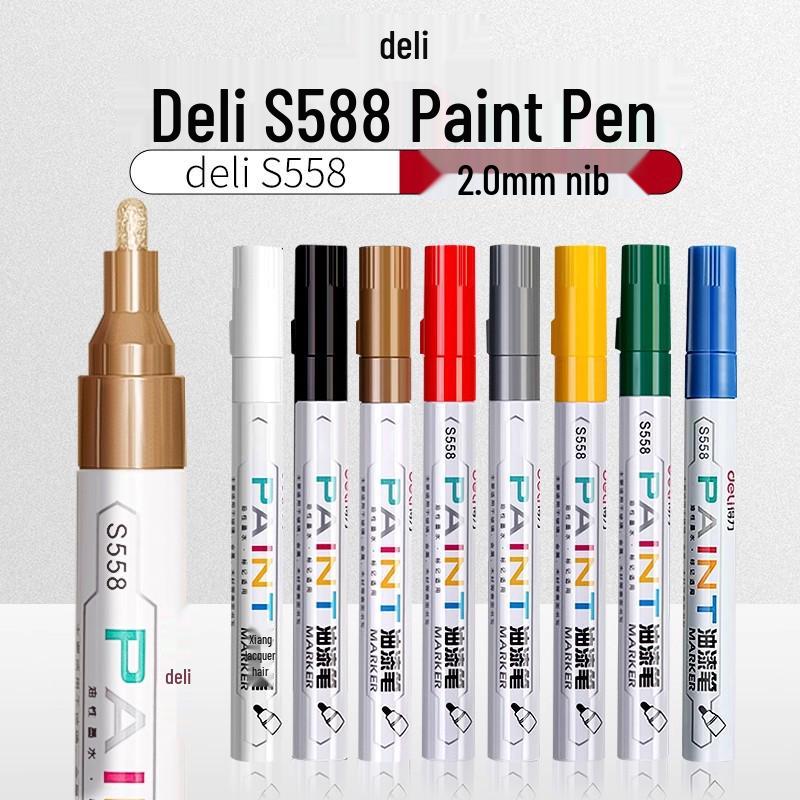 Deli S558 White Paint Pen: Waterproof, Oil-proof, Colorfast Tire and Touch-up Marker for Gold Lettering.