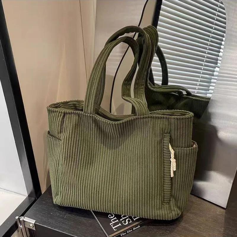 Women Corduroy Tote Bag with Zipper Closure Casual Multi Pocket Handbag Large Capacity Fixed Shoulder Strap Commute Shoulder Bag