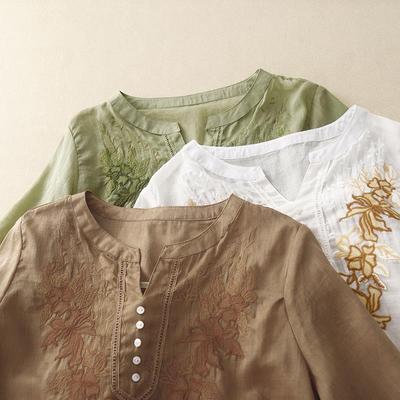 Katoen Linnen Top voor Dames Katoen Zijde Halflange Driekwart Mouw Middenleeftijd Moeder Modieus Zomer T-shirt met Korte Mouwen