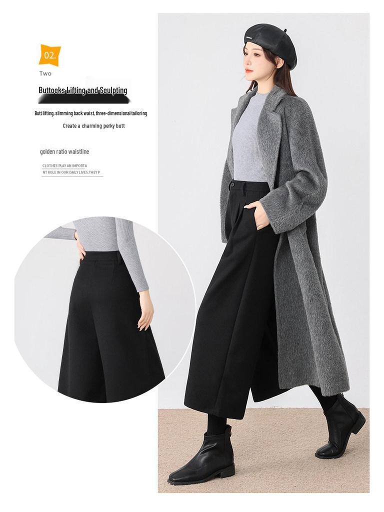 Women's Plus Size Dark Grey Wool-Blend Straight Leg Cropped Pants - Loose, Casual, Petite, Thickened for Spring & Autumn