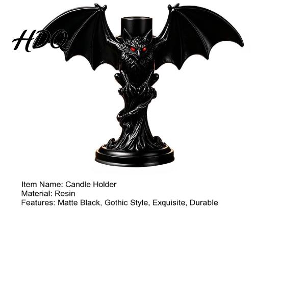 Halloween Bat Candle HolderGothic Tealight Holder Devil Holder, Gothic Winged Candlestick with Tabletop Ornament Red Eyes, Matte Black Sticks