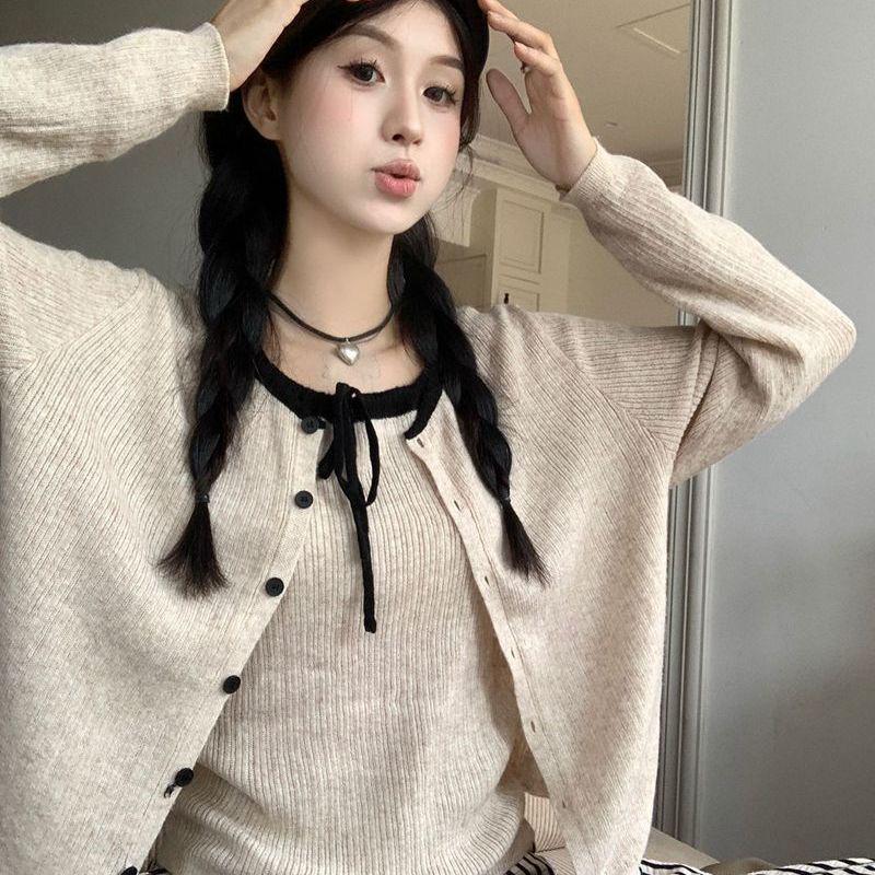 Korean Style Autumn Two-Piece Set: Color Block Cardigan & Tie-Up Camisole Vest