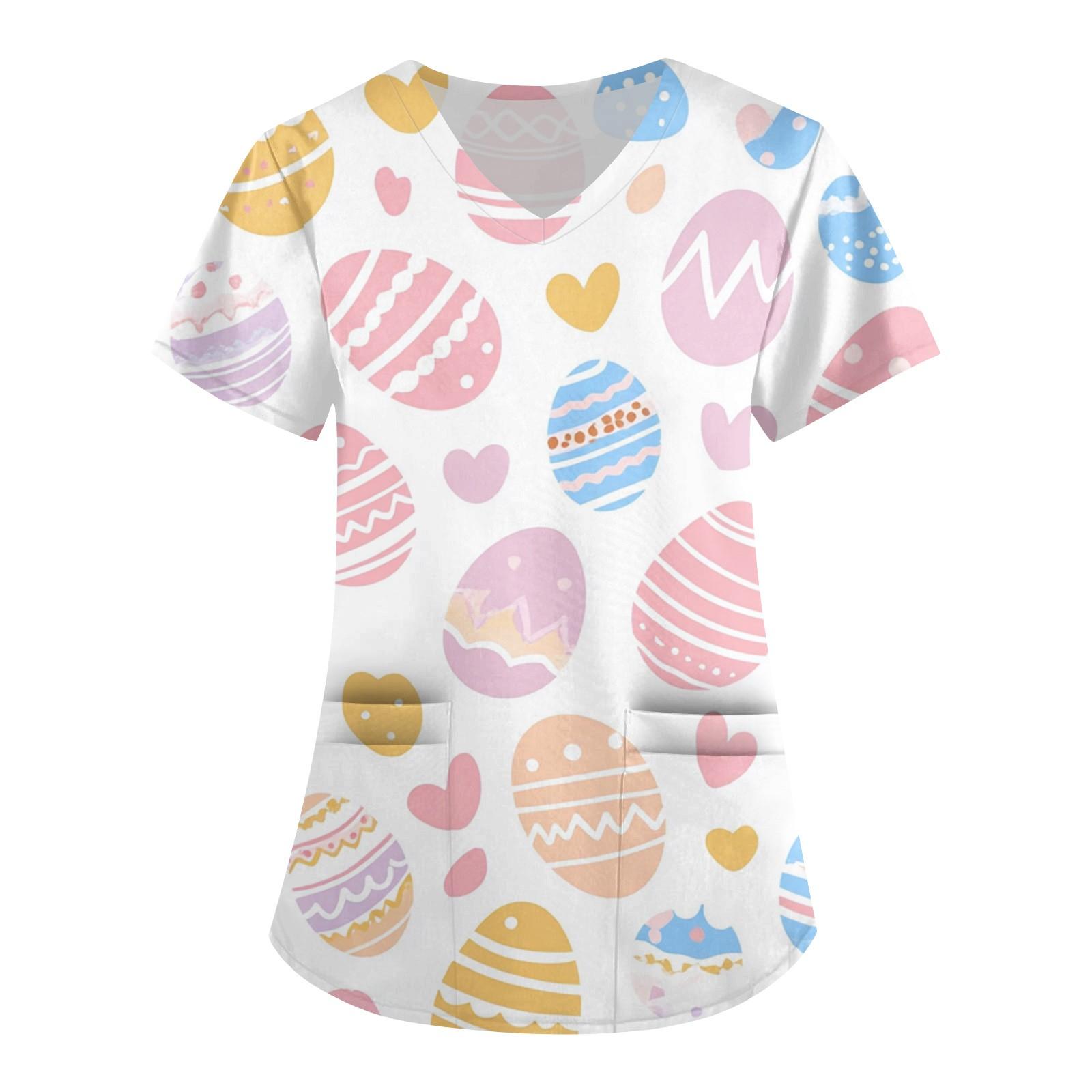 

Женская модная рабочая одежда с V-образным вырезом и короткими рукавами, с карманами, с принтом в виде пасхального топа, одежда для ухода XXL розовый