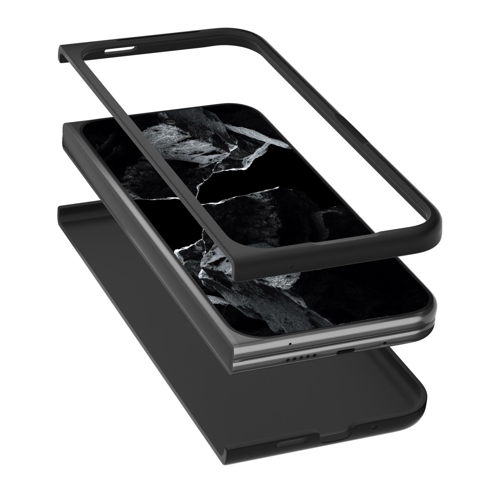 

ABEEL For Google Pixel 9 Pro Fold 5G Phone Case Litchi Texture Genuine Cow Leather Hard PC Cover Black