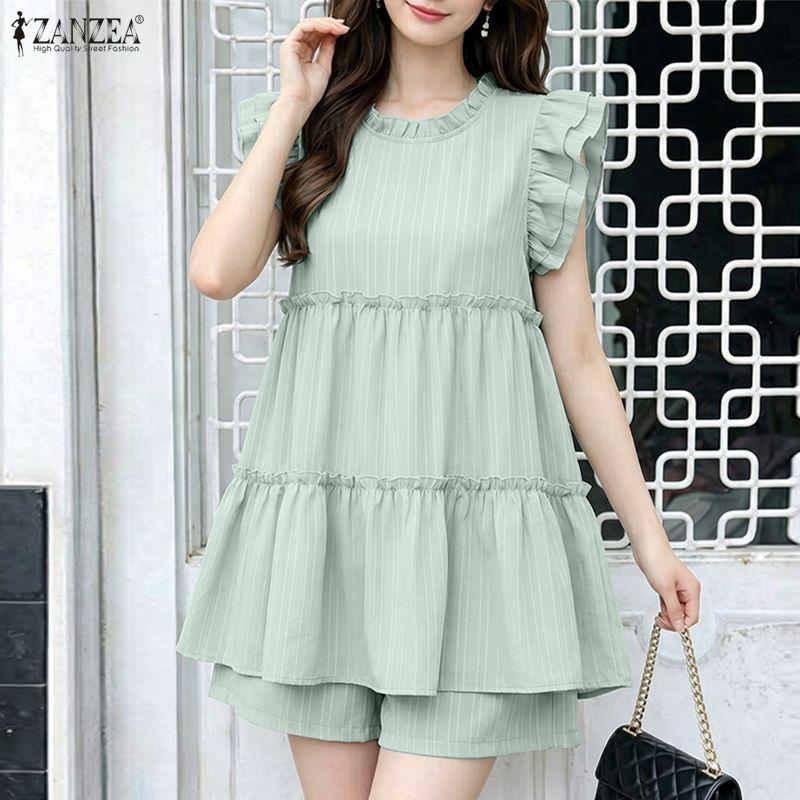 ZANZEA Women Short Sleeve Blouse and Shorts Summer Two Piece Suit Sets
