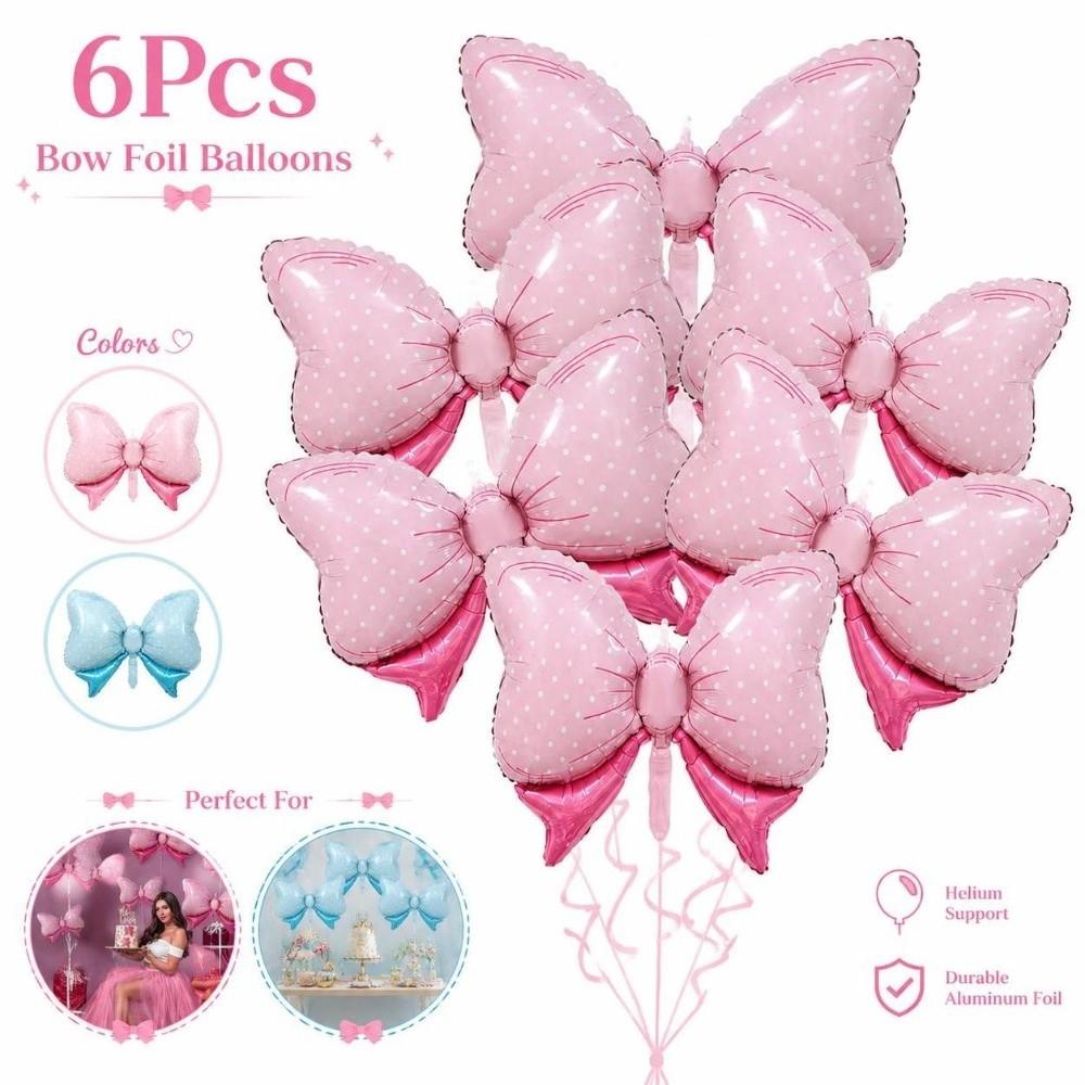 6Pcs Reusable Aluminum Foil Balloons Blue Pink Party Balloons Bow Balloons Birthday Party