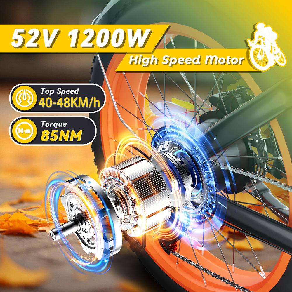 Bicicletta Elettrica Puluma Su8 Motore di Picco 1200W Ruote Grasse 20" Mountain Bike Elettrica per Adulti 52V 20Ah Doppio Freno Idraulico 7 Velocità Carico Massimo 150Kg