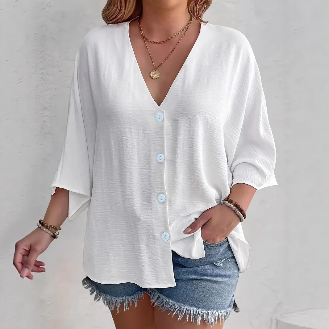 

Women s Spring and Autumn Casual T-shirt Fashion V-neck Button Ice Silk Wrinkled Solid Color Cardigan Long-sleeved Top S білий