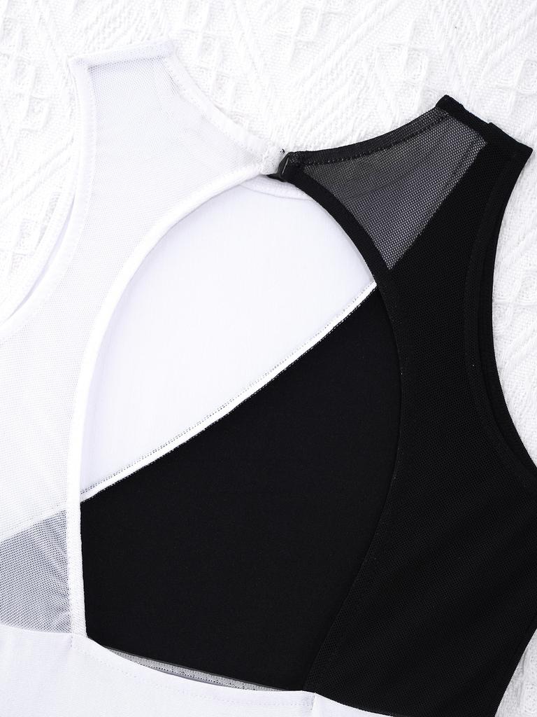 Mädchen Mesh Patchwork Tanzbody Ärmellos Rundhals Ausgeschnittener Rücken Kontrastfarbe Gymnastik Outfit