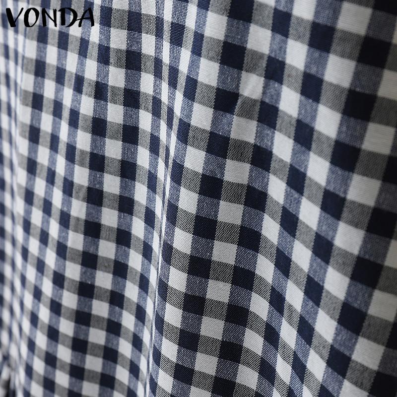VONDA Women Stitching V Neck Short Sleeve Plaid Print Casual Pleated Dress