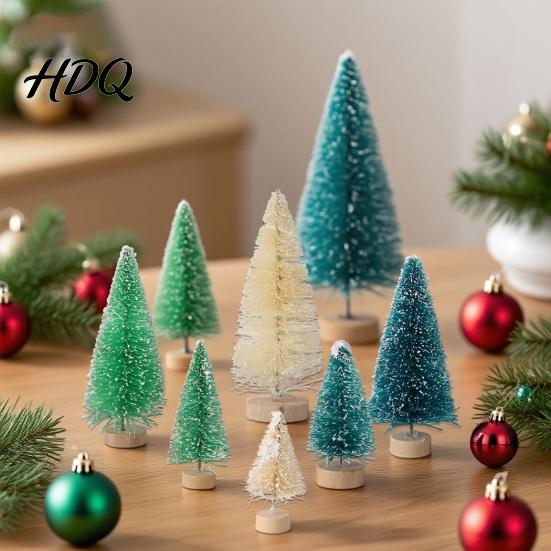 Small Christmas Tree Mini Bottle Brush Tree Artificial Miniature Tiny Sisal with Living Room Decor Wooden Base Winter Snow Frost Tabletop