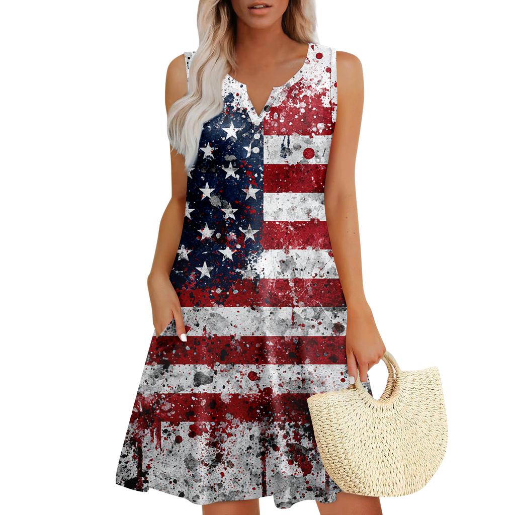 Damen Sommerkleider Lockeres V-Ausschnitt Ärmelloses Sommerkleid Kleid Mit Taschen