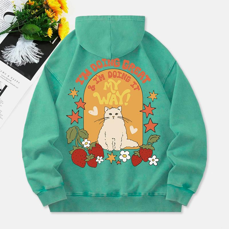 I'M Doing Great Washed Hoodies Women Cute Cat Prints Cotton Sweatshirts Distressed Pocket Oversize Hooded Clothes