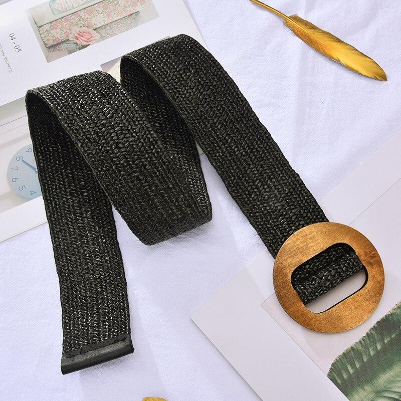 Women's Belt Elastic Woven Wide Belt PP Grass Waist Seal Wood Round Buckle Belt Fashion Ethnic Style Paired with Coat Skirt Belt