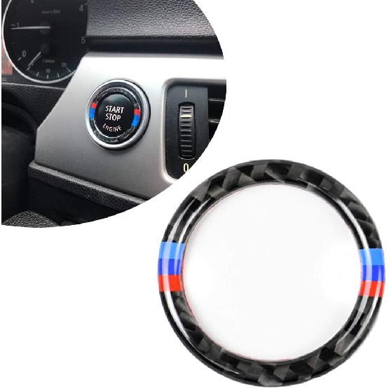 Carbon Fiber Car Engine Start Stop Ignition Key Ring Decorative Sticker for Compatible with BMW E90 E92 E93 3 Series Engine Start Button Cover (Mixed