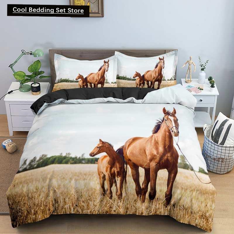 3D Horse Printing Duvet Cover Animal Bedding Set Twin Full Double Queen King Size for Kids Men Black Soft Quilt Cover Pillowcase