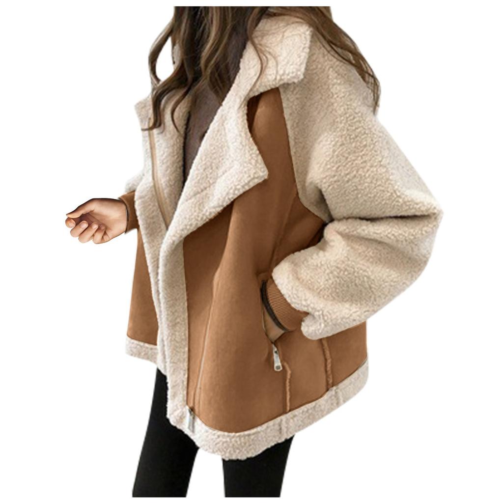 Autumn Winter Women's Coats New Casual Loose Patchwork Outerwear Harem Korean Vintage Crop Pockets Lambhair Jacket Women