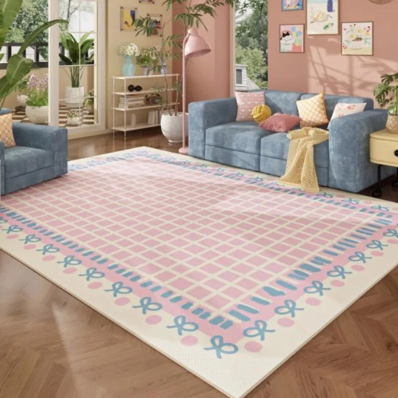 Cute Pink Grid Bow Pattern Carpet Non-slip Soft Area Rug for Girls Bedroom Living Room Nursery Home Decor